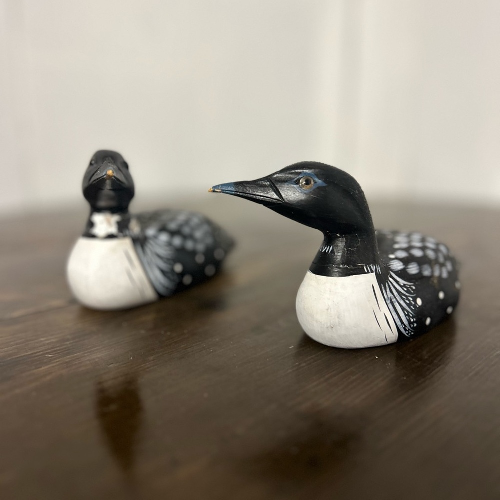 Set of 2 Vintage Hand-Painted Wood Loon Bird Figurines - Black & White